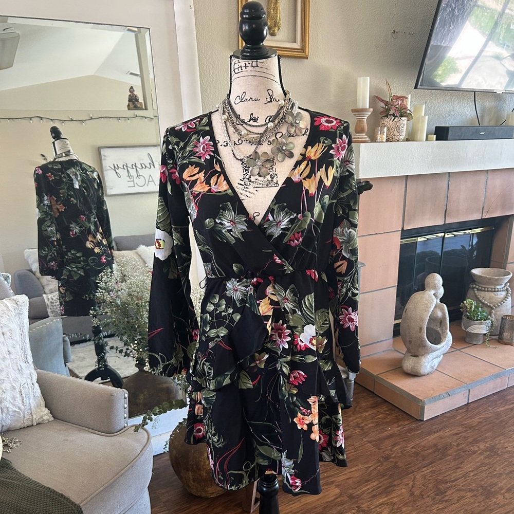 Black Floral Long-Sleeve Wrap Dress for Women
